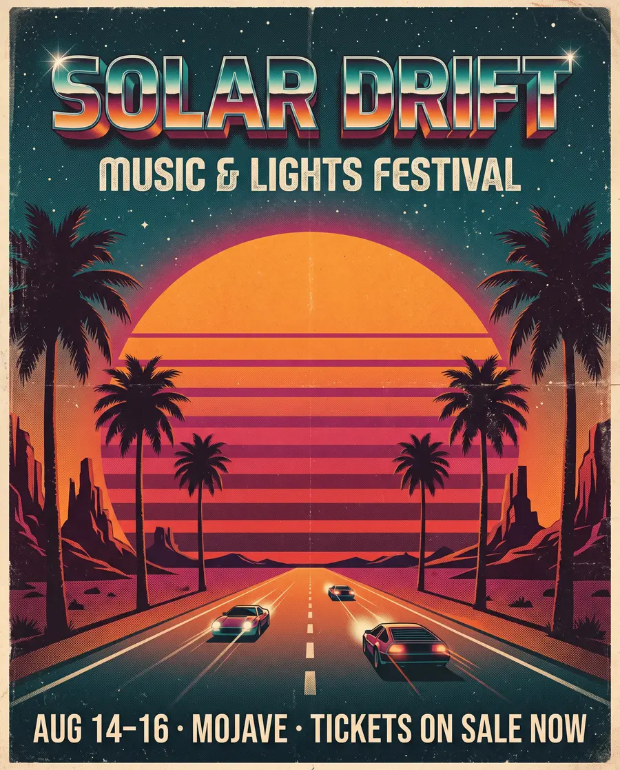 Retro music festival poster reading SOLAR DRIFT over a desert sunset