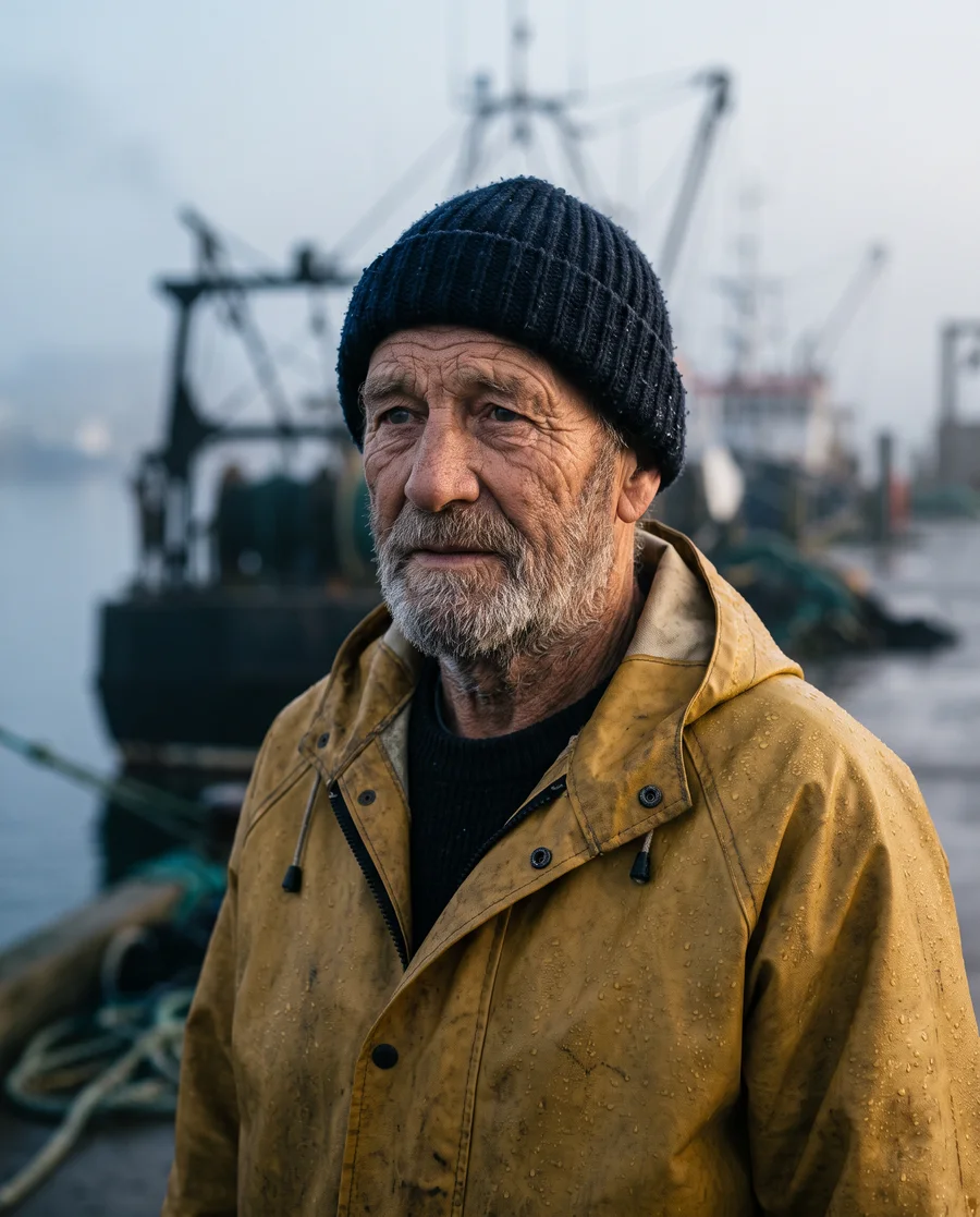 Elderly fisherman in a yellow oilskin jacket on a misty harbour at dawn