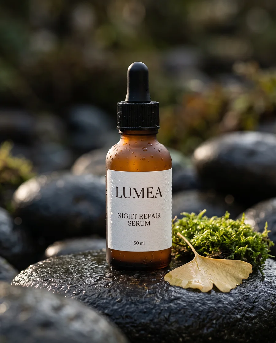 Amber serum bottle labelled LUMEA on a wet river stone in morning light